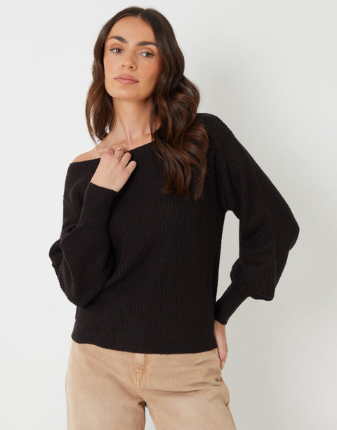 Threadbare Chunky Knit Slash Neck Jumper in Black - front view