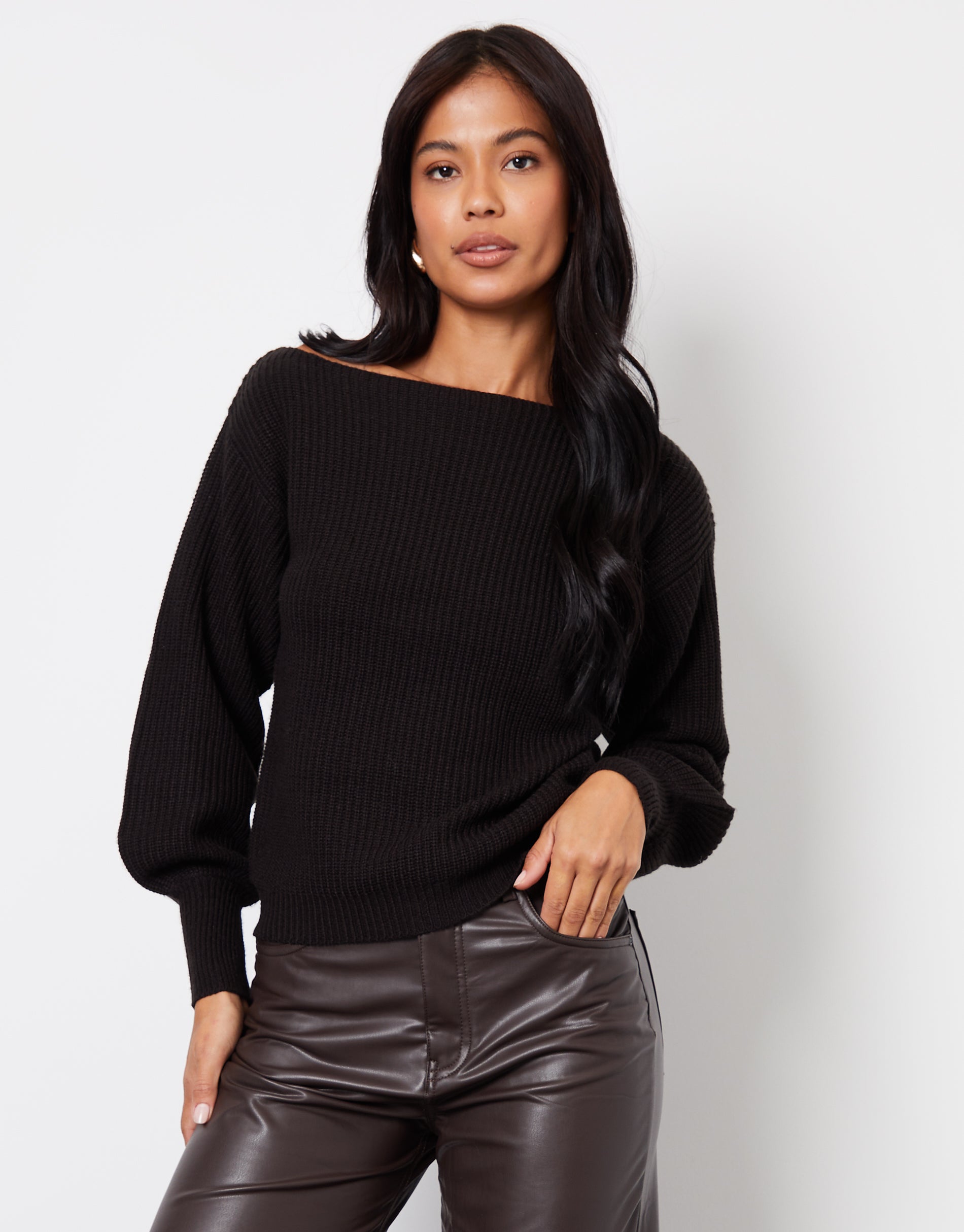 Threadbare Women's Black Chunky Knit Slash Neck Jumper