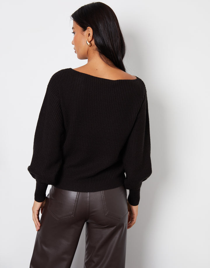 Black Chunky Knit Slash Neck Jumper