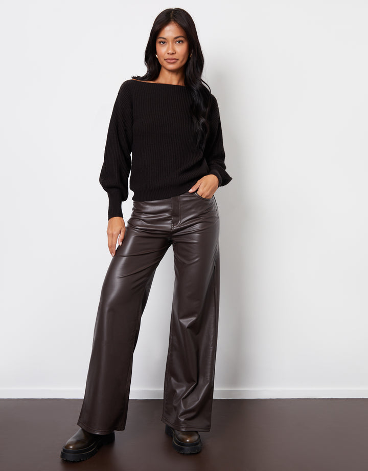 Black Chunky Knit Slash Neck Jumper