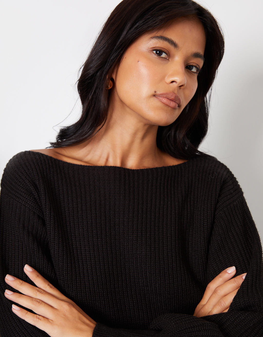Black Chunky Knit Slash Neck Jumper