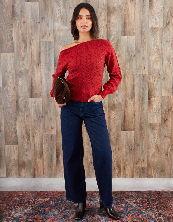 Rust Orange Cable Knit Slash Neck Jumper