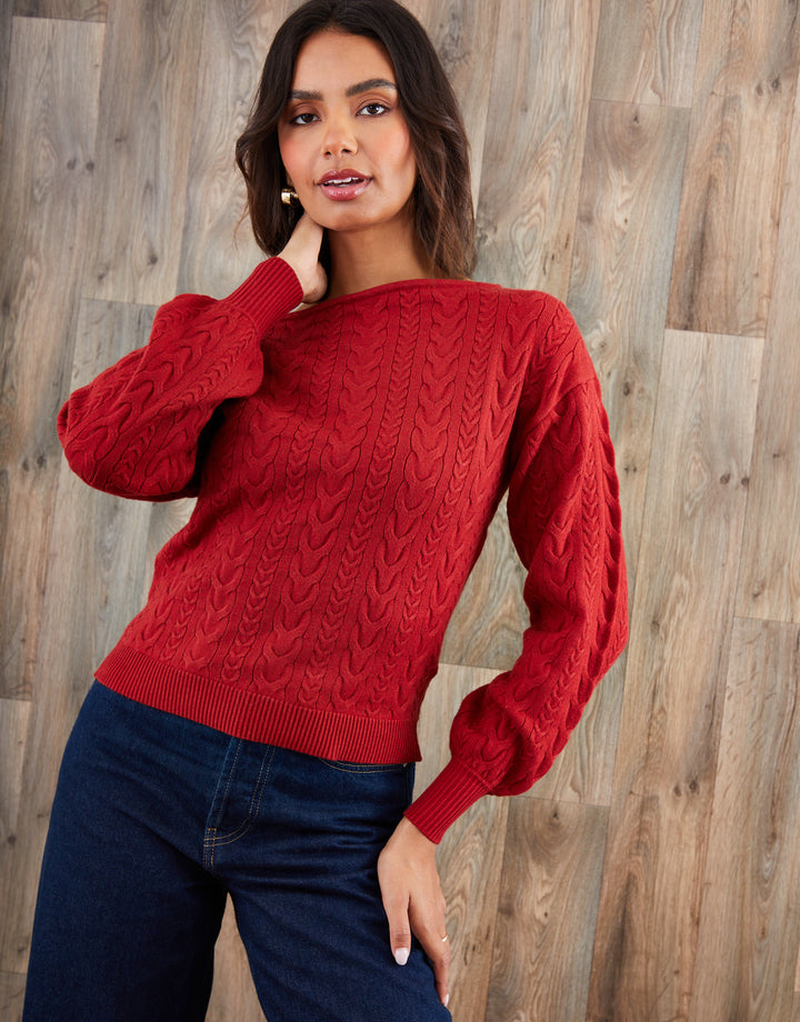 Rust Orange Cable Knit Slash Neck Jumper