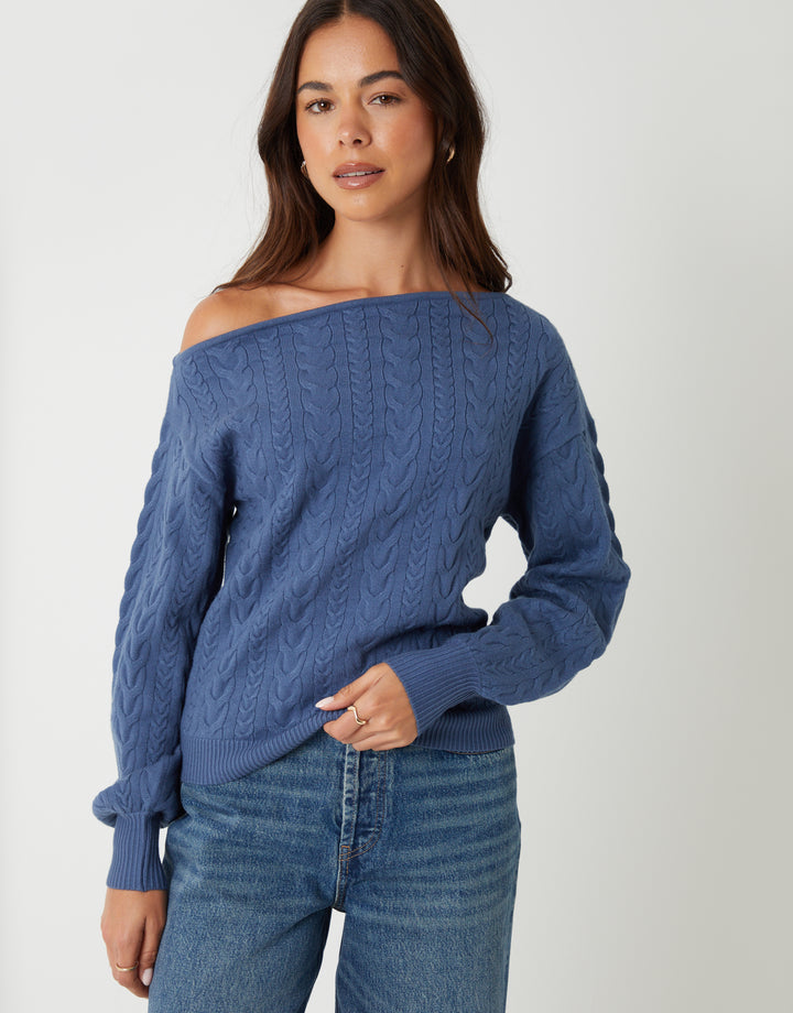 Blue Cable Knit Slash Neck Jumper