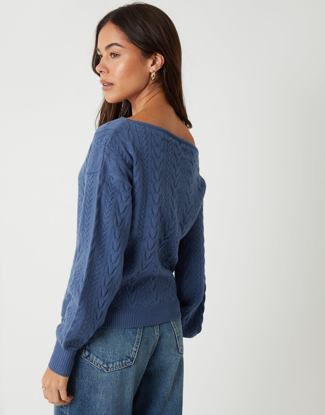 Blue Cable Knit Slash Neck Jumper