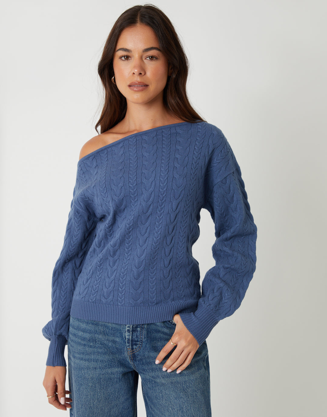 Blue Cable Knit Slash Neck Jumper