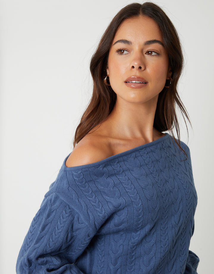 Blue Cable Knit Slash Neck Jumper