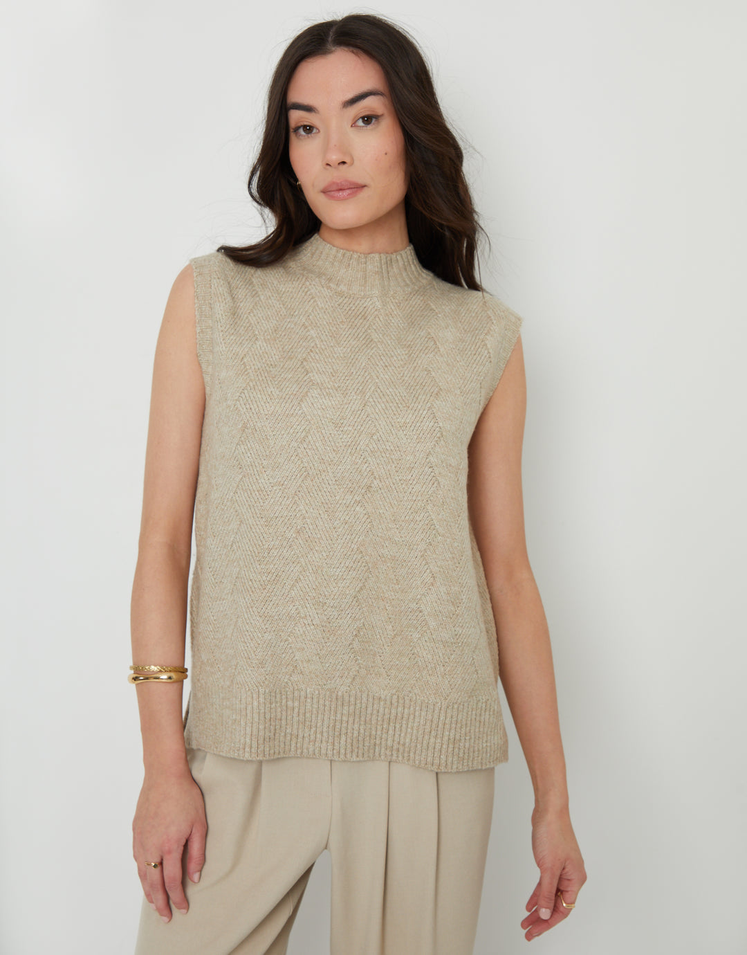 Beige Basket Stitch Knitted High Neck Vest