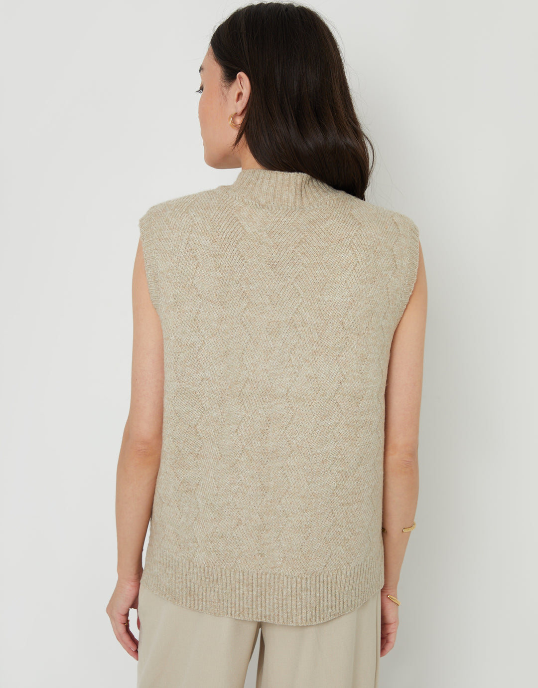 Beige Basket Stitch Knitted High Neck Vest