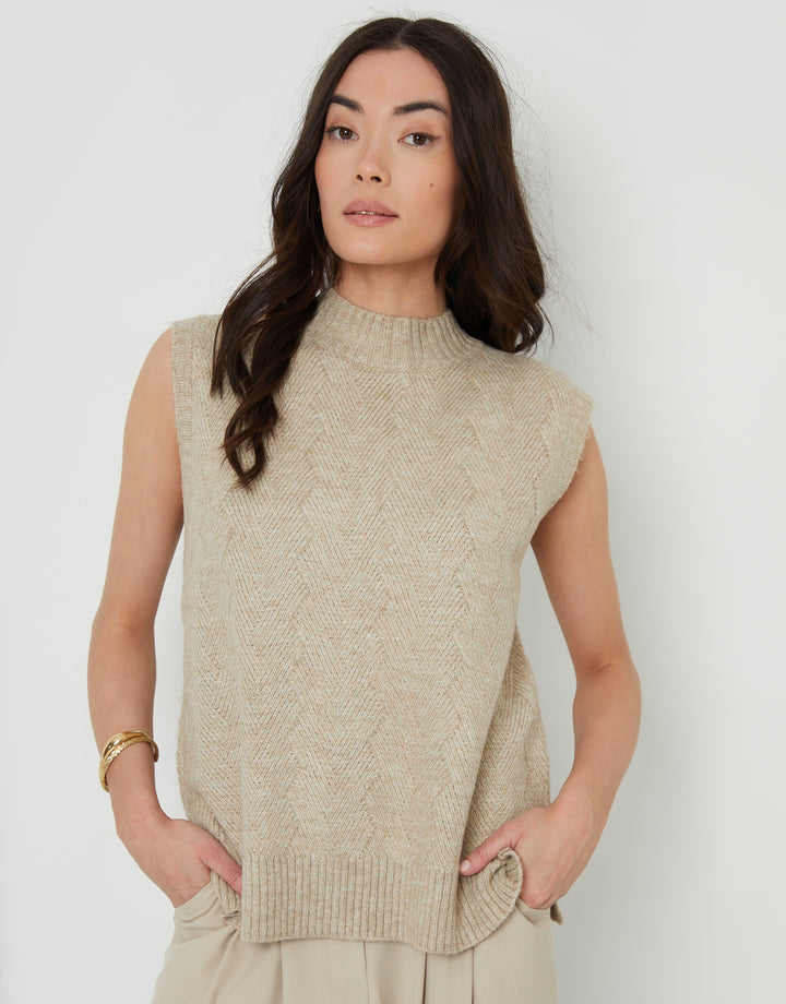 Beige Basket Stitch Knitted High Neck Vest