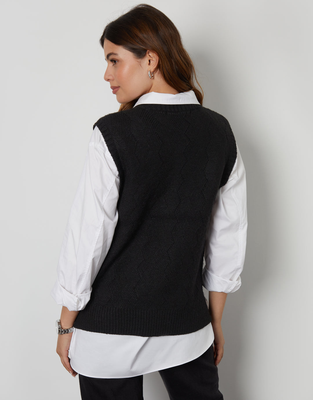 Black Basket Stitch Knitted High Neck Vest