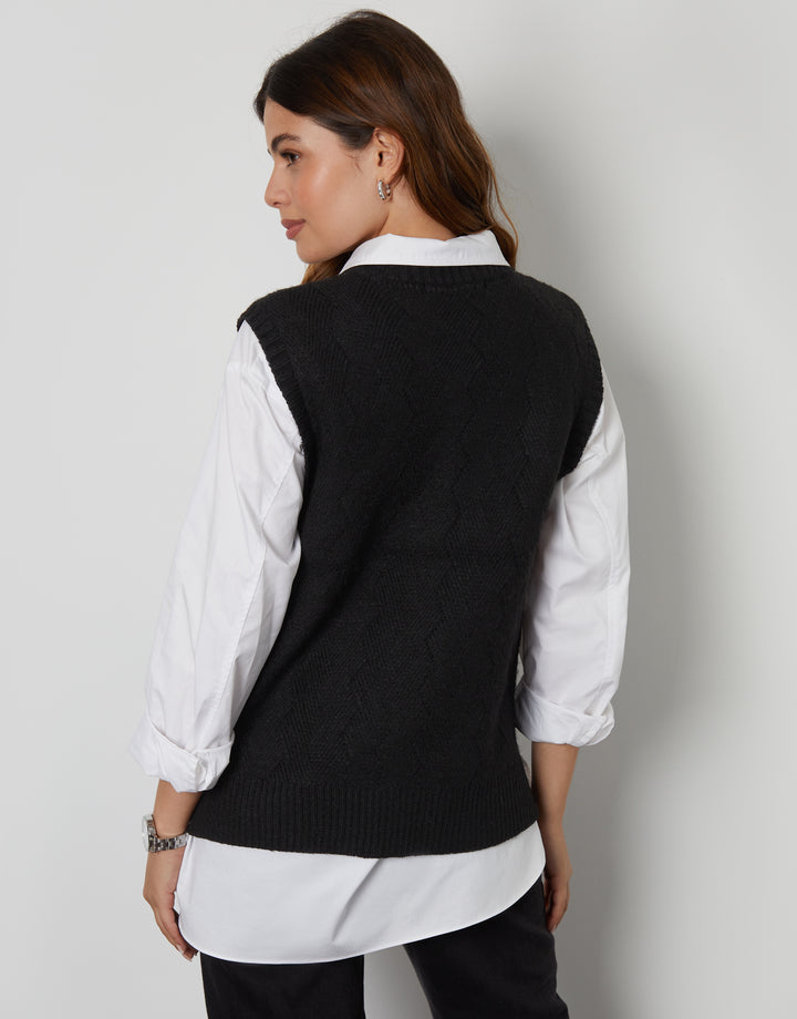 Black Basket Stitch Knitted High Neck Vest