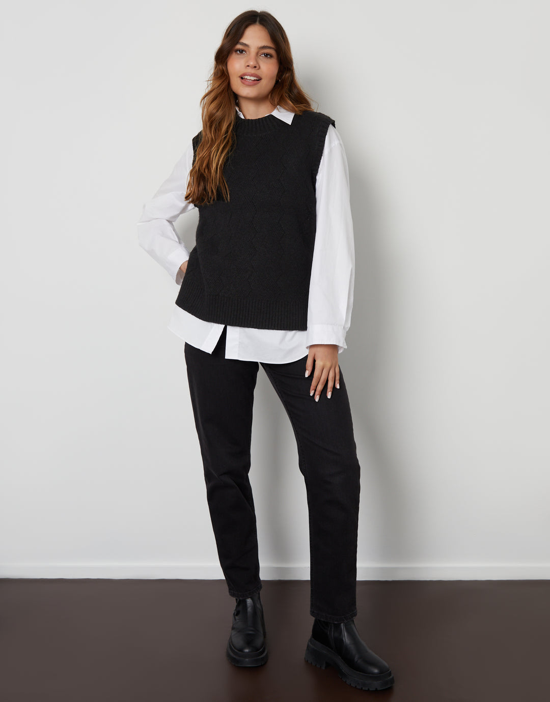 Black Basket Stitch Knitted High Neck Vest