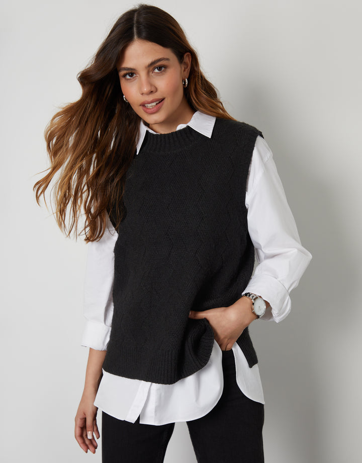 Black Basket Stitch Knitted High Neck Vest