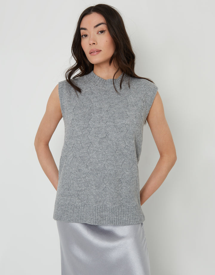 Grey Basket Stitch Knitted High Neck Vest