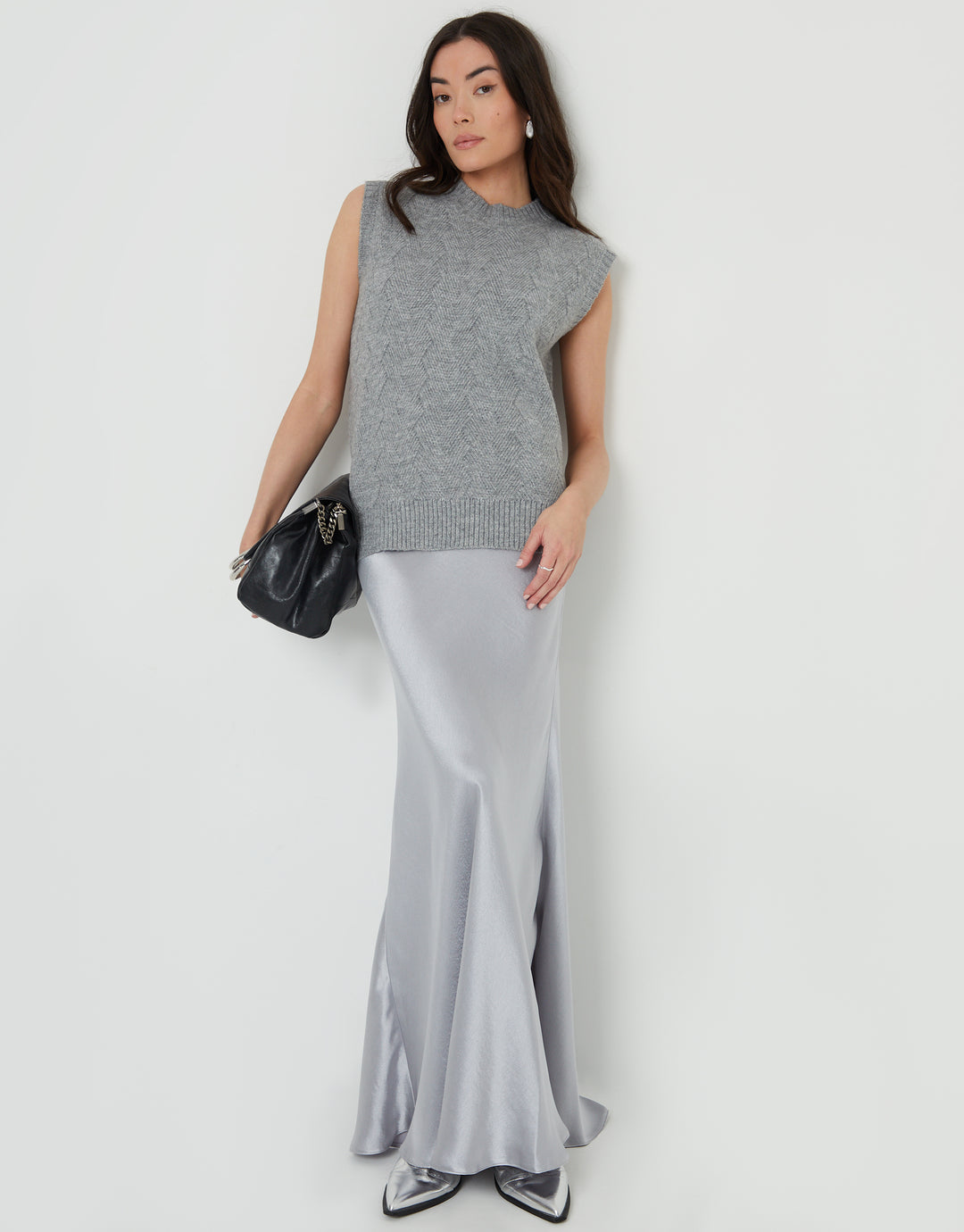 Grey Basket Stitch Knitted High Neck Vest