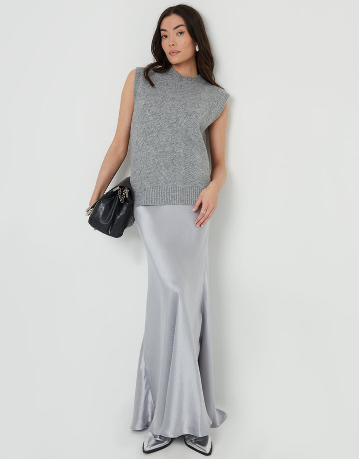 Grey Basket Stitch Knitted High Neck Vest