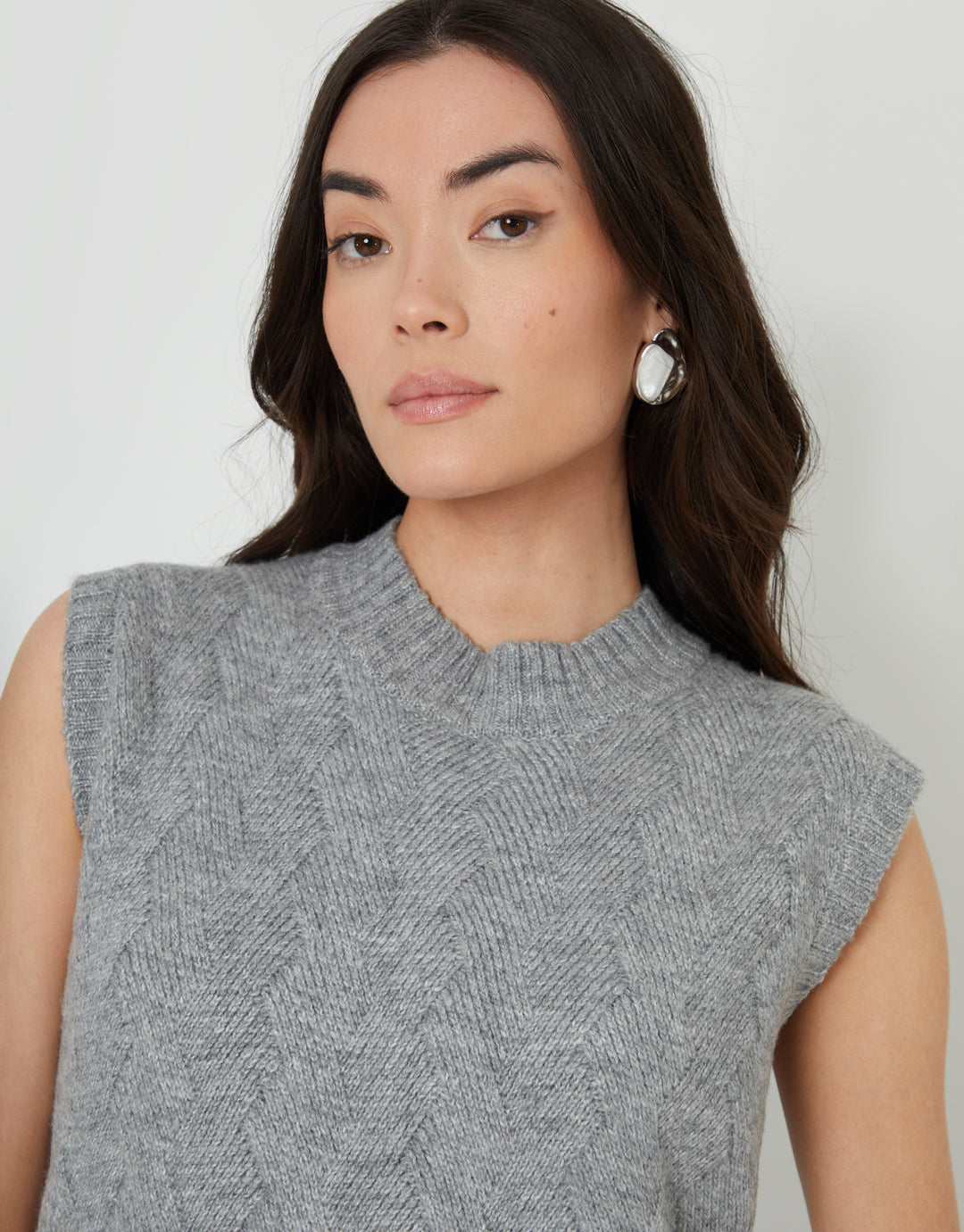 Grey Basket Stitch Knitted High Neck Vest
