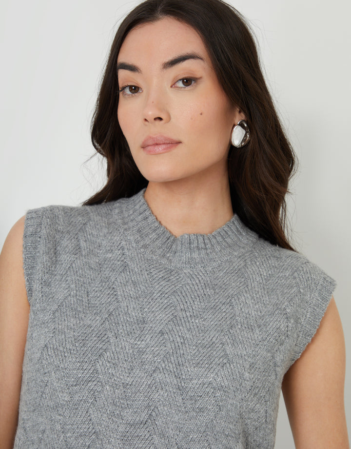Grey Basket Stitch Knitted High Neck Vest