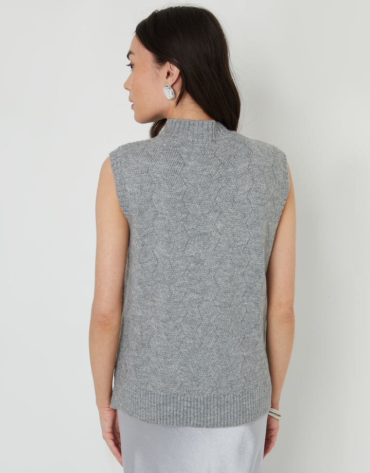 Grey Basket Stitch Knitted High Neck Vest