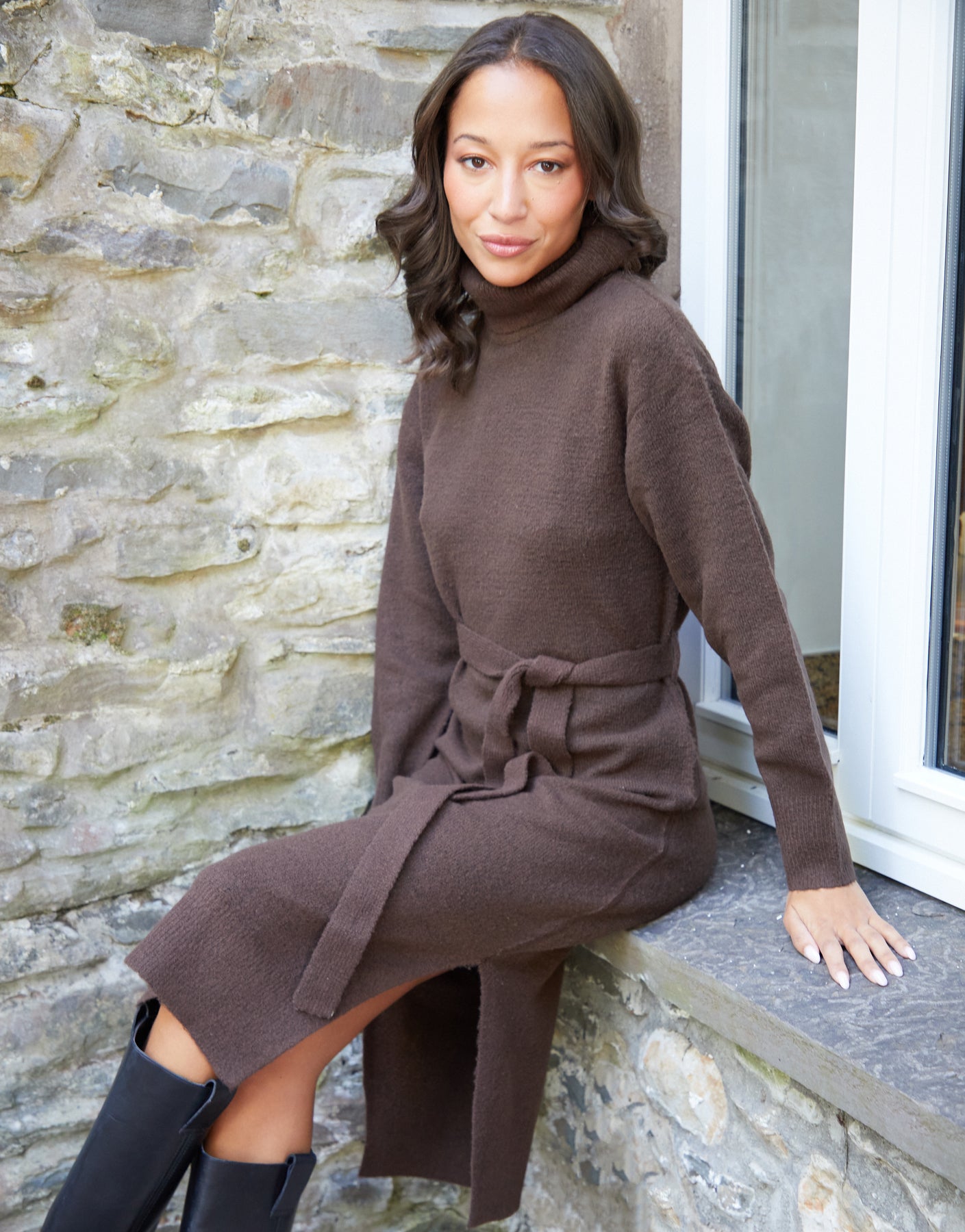 Threadbare Women's Chocolate Brown Belted Roll Neck Midi Dress