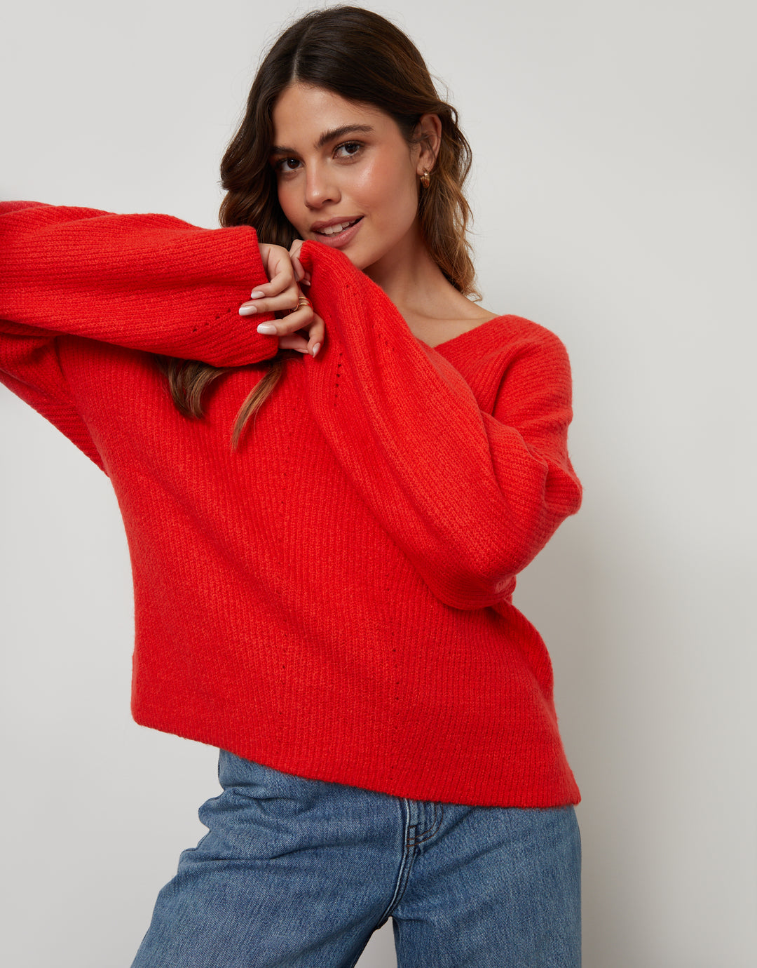 Red Ribbed V Neck Jumper