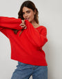 Red Ribbed V Neck Jumper