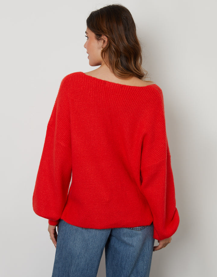 Red Ribbed V Neck Jumper