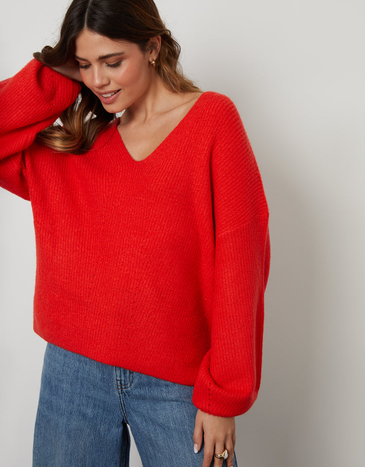 Red Ribbed V Neck Jumper