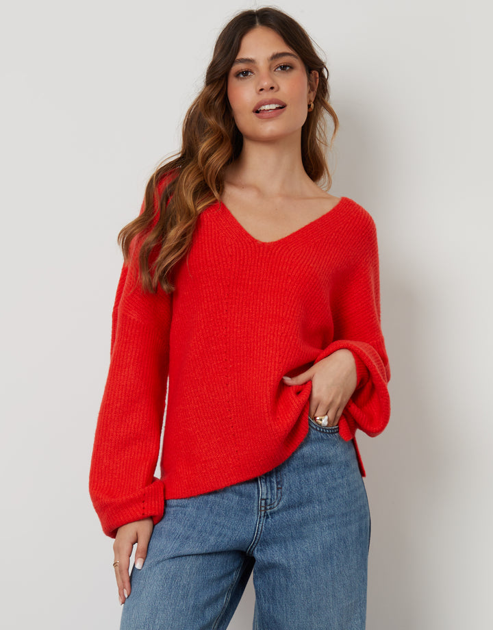 Red Ribbed V Neck Jumper