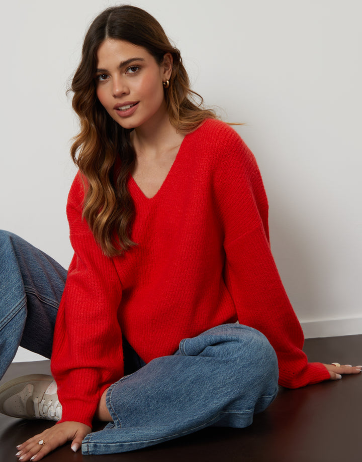Red Ribbed V Neck Jumper