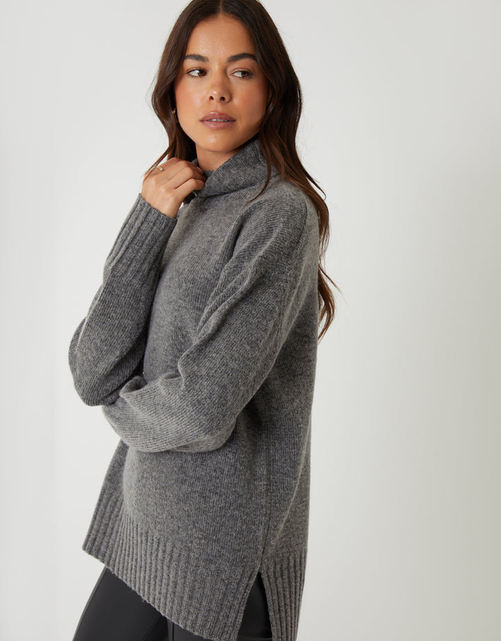Grey Oversized Roll Neck Jumper
