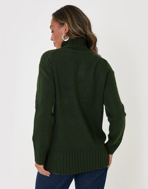 Threadbare Oversized Roll Neck Jumper in Green - back view