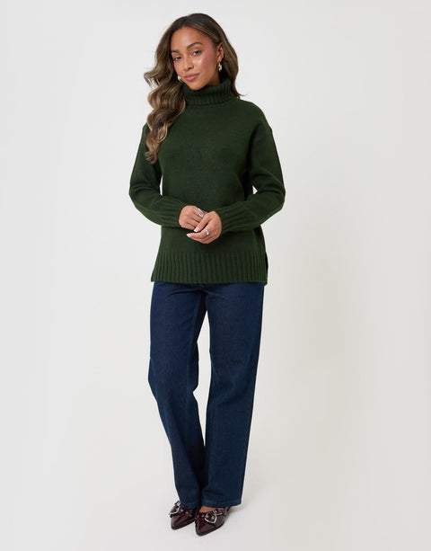 Threadbare Oversized Roll Neck Jumper in Green - full body