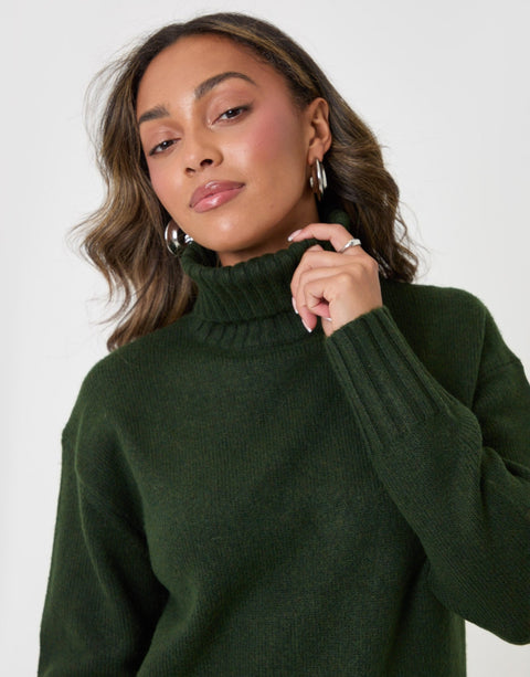 Threadbare Oversized Roll Neck Jumper in Green - close up