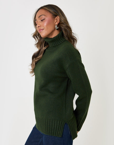 Threadbare Oversized Roll Neck Jumper in Green - front view