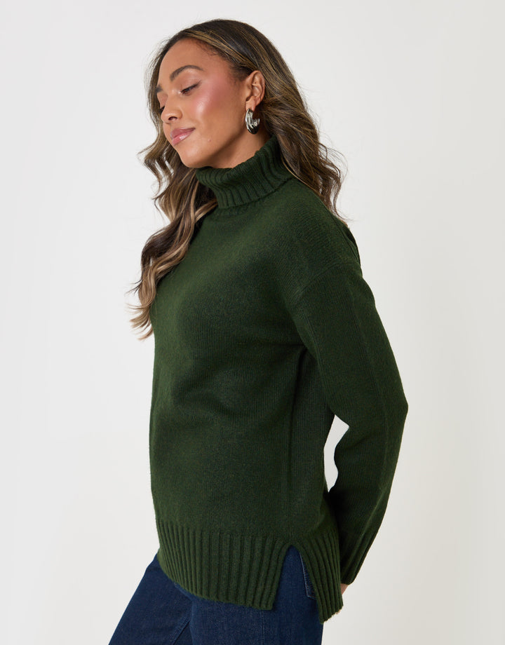 Threadbare Oversized Roll Neck Jumper in Green - front view
