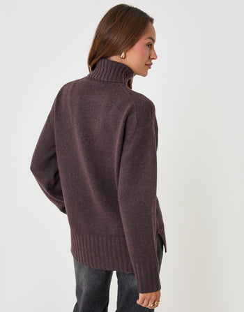 Threadbare Oversized Roll Neck Jumper in Chocolate Brown - back view