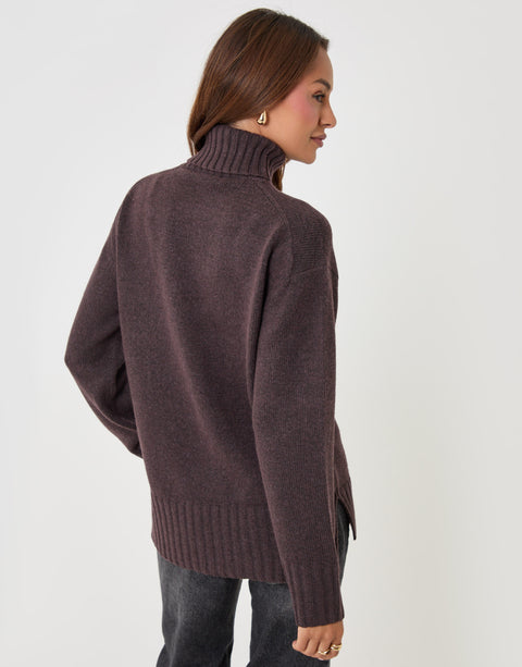Threadbare Oversized Roll Neck Jumper in Chocolate Brown - back view