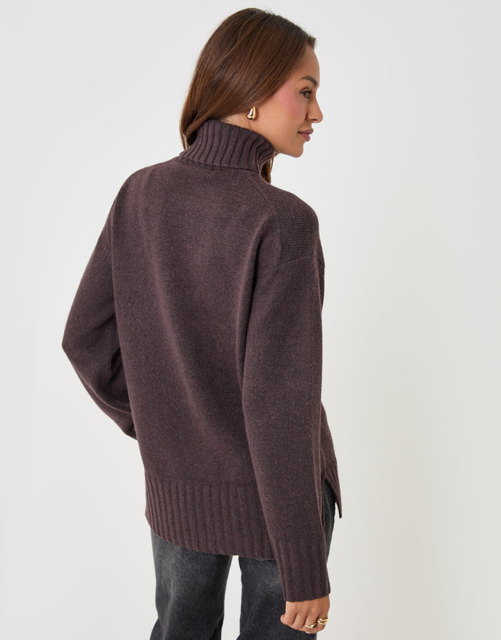 Threadbare Oversized Roll Neck Jumper in Chocolate Brown - back view
