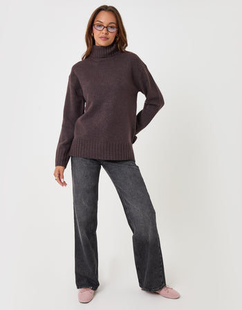 Threadbare Oversized Roll Neck Jumper in Chocolate Brown - full body