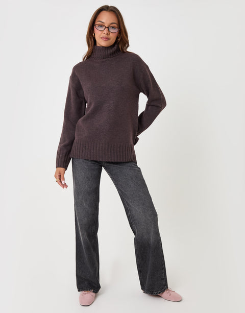 Threadbare Oversized Roll Neck Jumper in Chocolate Brown - full body
