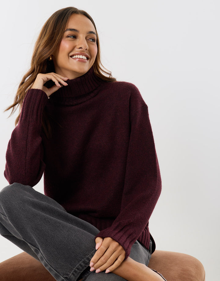 The Oversized Roll Neck Jumper in Plum