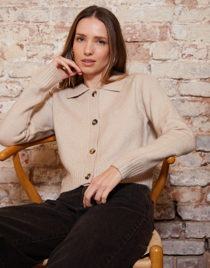 Beige Cropped Collared Knitted Cardigan