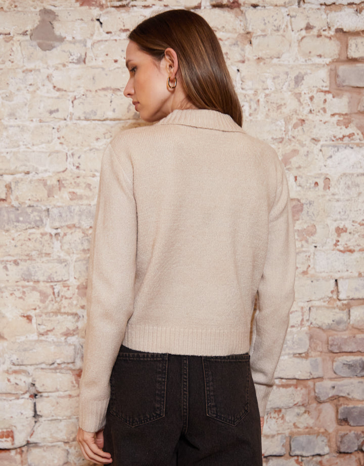 Beige Cropped Collared Knitted Cardigan