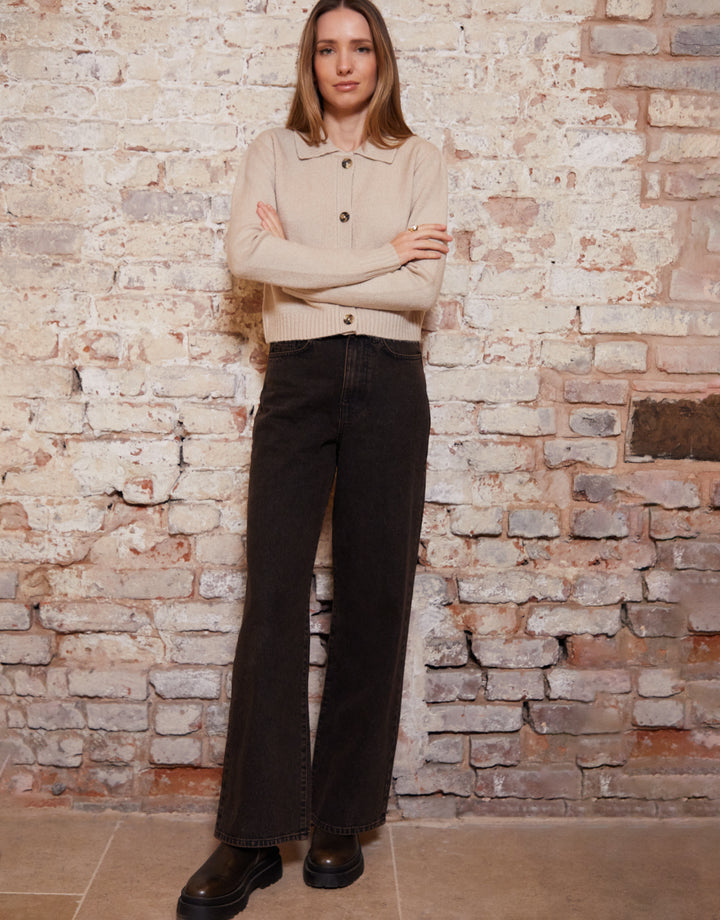 Beige Cropped Collared Knitted Cardigan