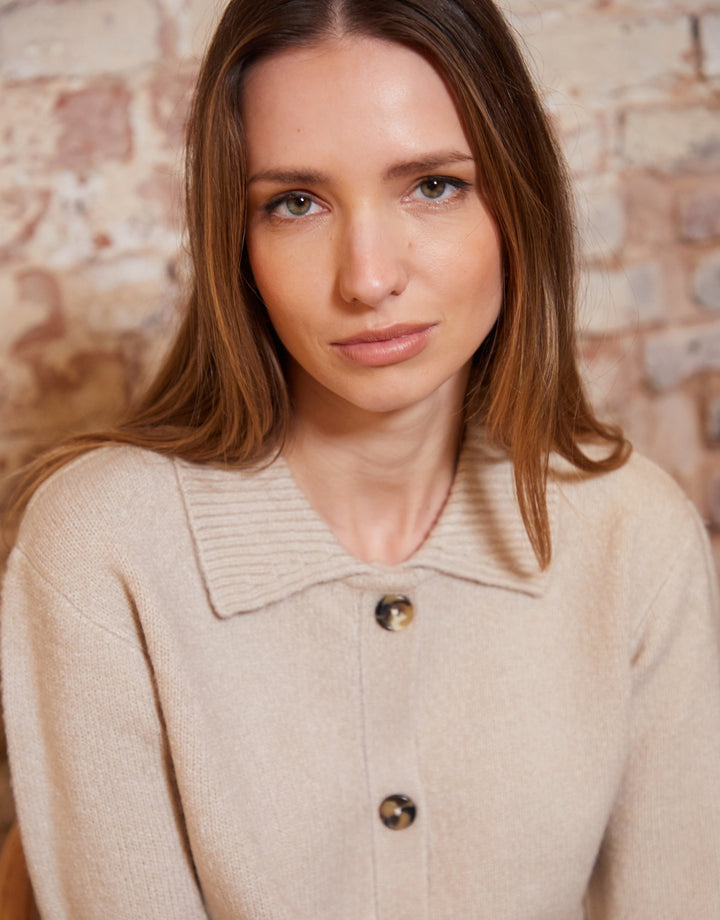 Beige Cropped Collared Knitted Cardigan