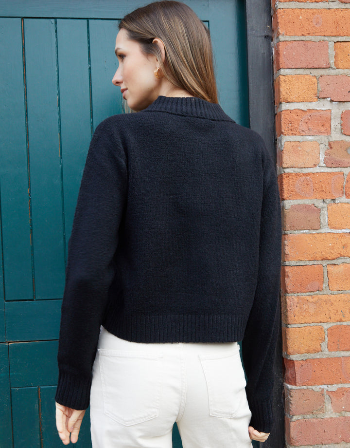 Black Cropped Collared Knitted Cardigan