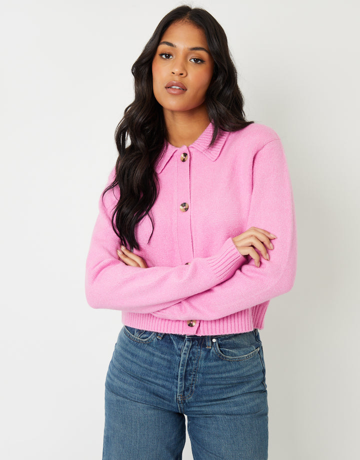 Pink Cropped Collared Knitted Cardigan