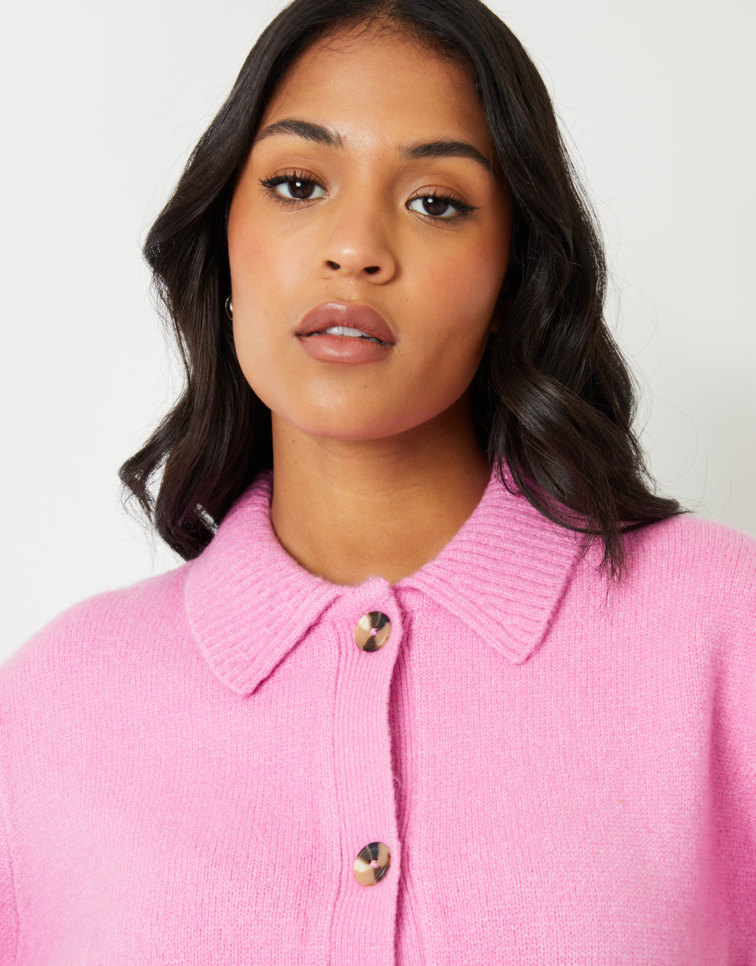 Pink Cropped Collared Knitted Cardigan